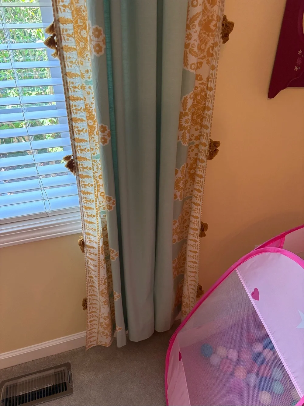 2 Anthropologie Curtain Panels - Tiya - Mint and Mustard with tassels